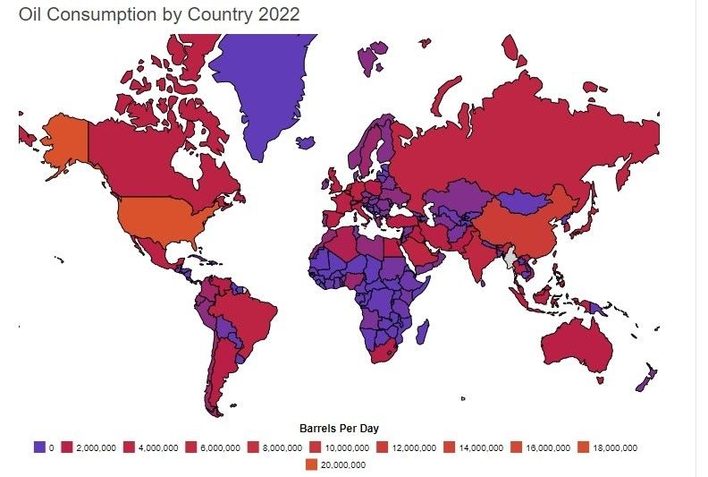 Объемы потребления нефти в различных странах мира в 2022 году (баррели), источник: worldpopulationreview.com 