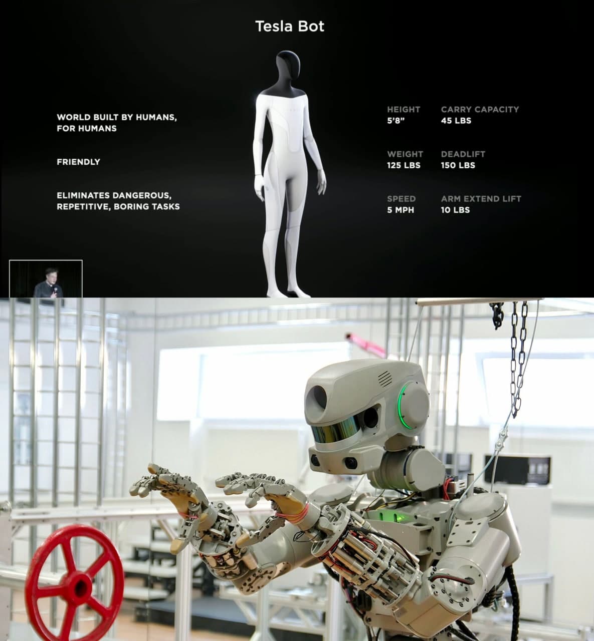 Высота Tesla Bot составит 172 сантиметра, вес - 57 килограммов, а вместо ли...